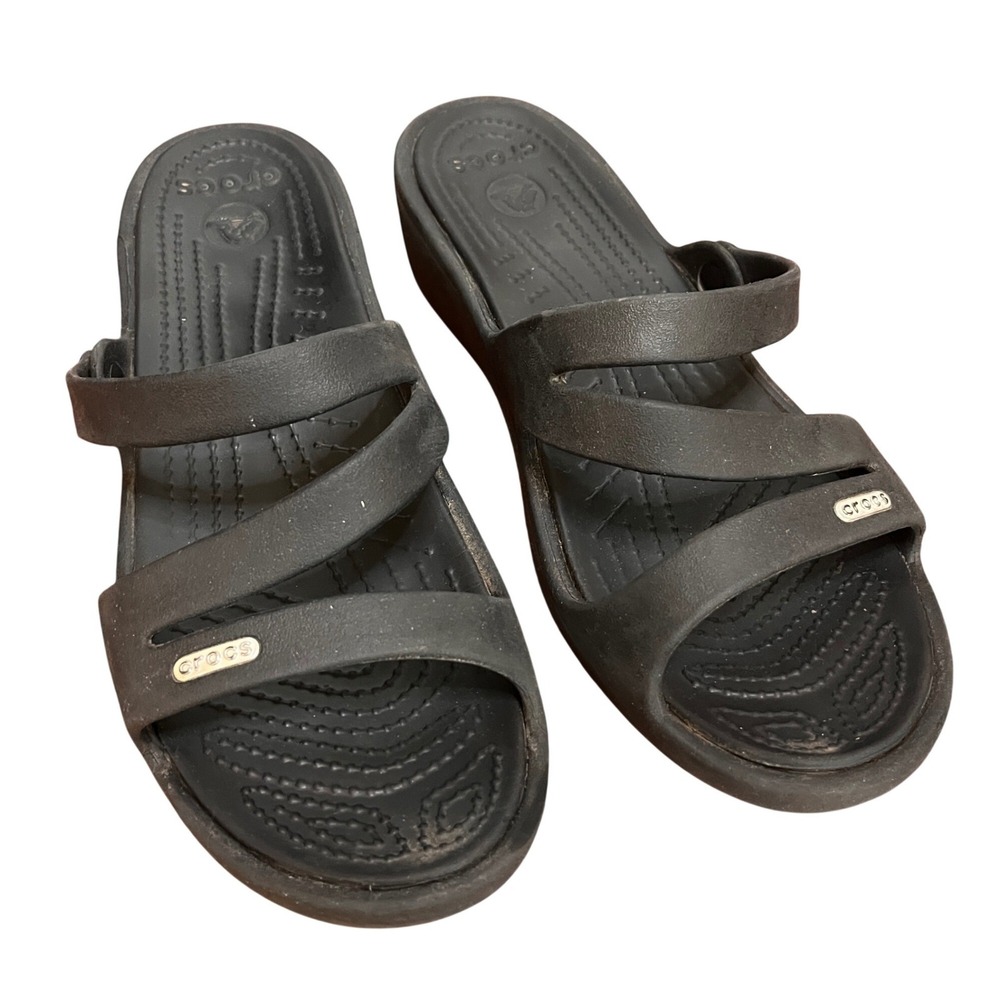 Crocs Patricia Wedge Sandals Womens Size 10 Black Multi Strap Slip On Slides